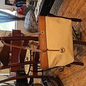 Michael Kors Vanilla Signature PVC/Brown Leather Trim Large Tote